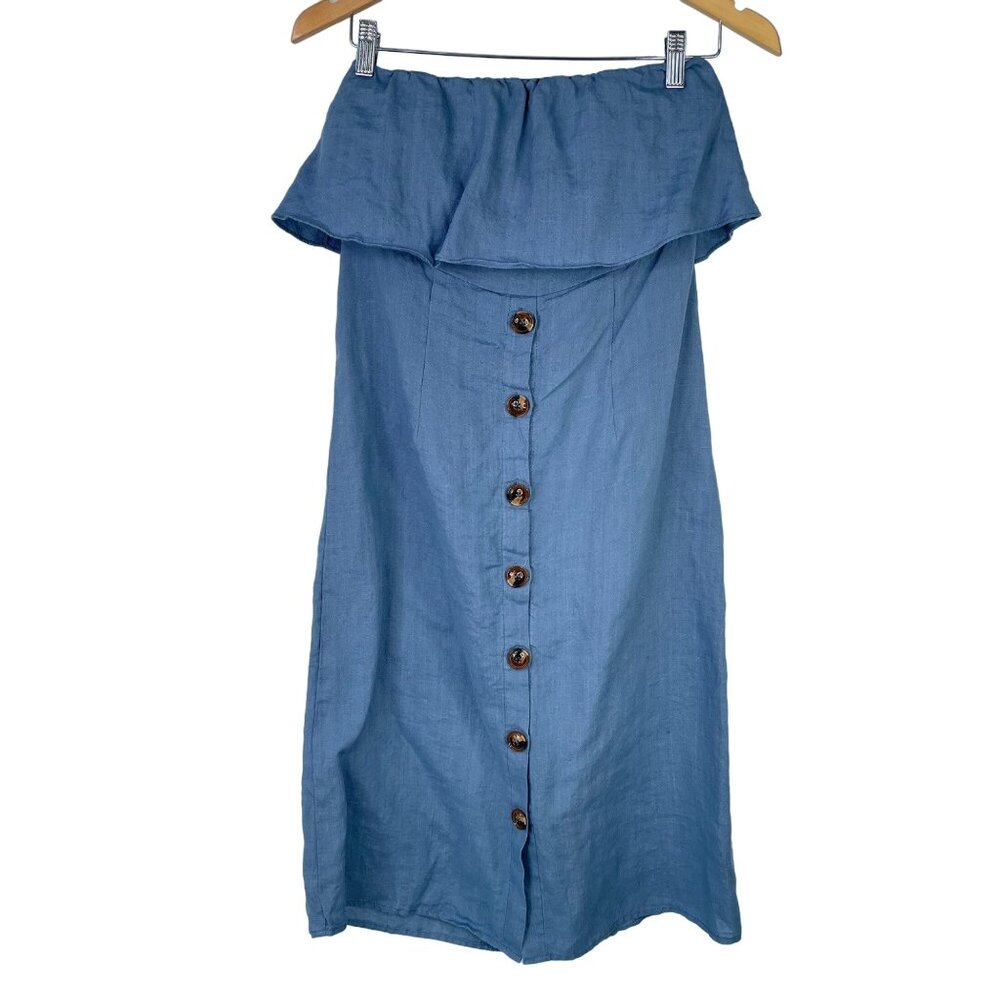 Olivaceous Strapless Dress Size Small Chambray Button Front Ramie Linen Blue